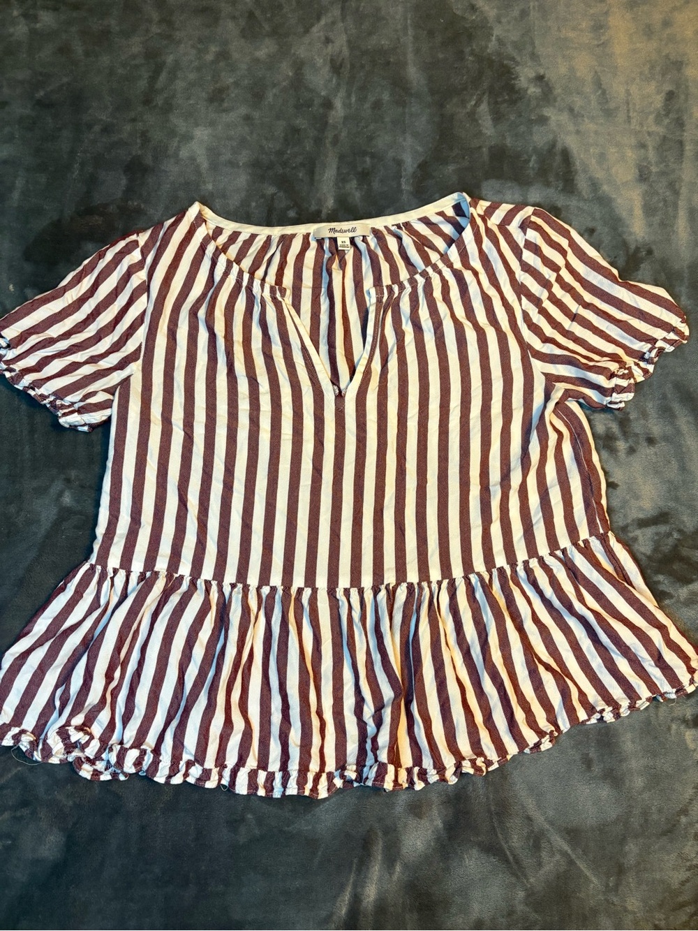 Madewell Burgundy and White Striped Peplum Short Sleeve Top